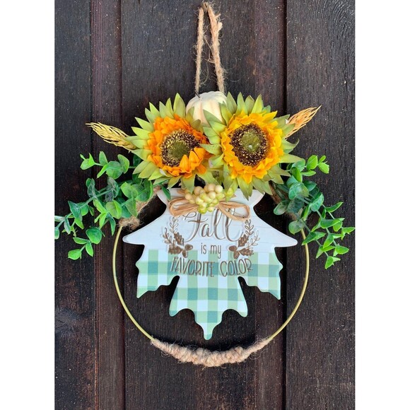 11" Fall Wreath with Sunflowers and Eucalyptus on Gold Wire Ring - Picture 4 of 7